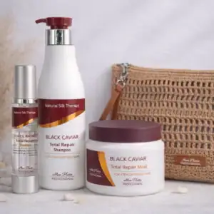 מארז שמפו מסכה וסרום קוויאר שחור לשיער מוחלק + תיק קש מעוצב | מון פלטין