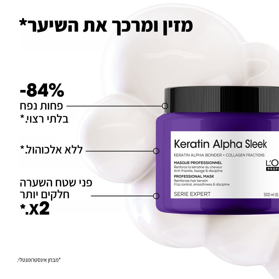 מסכה לשיער קרטין אלפא סליק למראה שיער חלק ושליטה בנפח בלתי רצוי 500ML | לוריאל