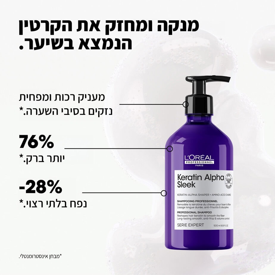 שמפו ללא מלחים קרטין אלפא סליק למראה שיער חלק ושליטה בנפח בלתי רצוי 500ML | לוריאל